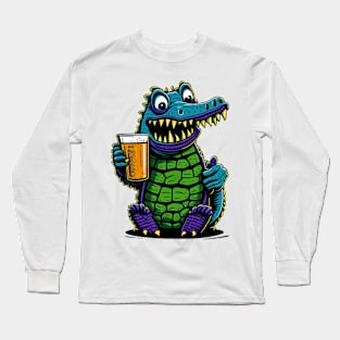 Cartoonish croc with beer mug Long Sleeve T-Shirt